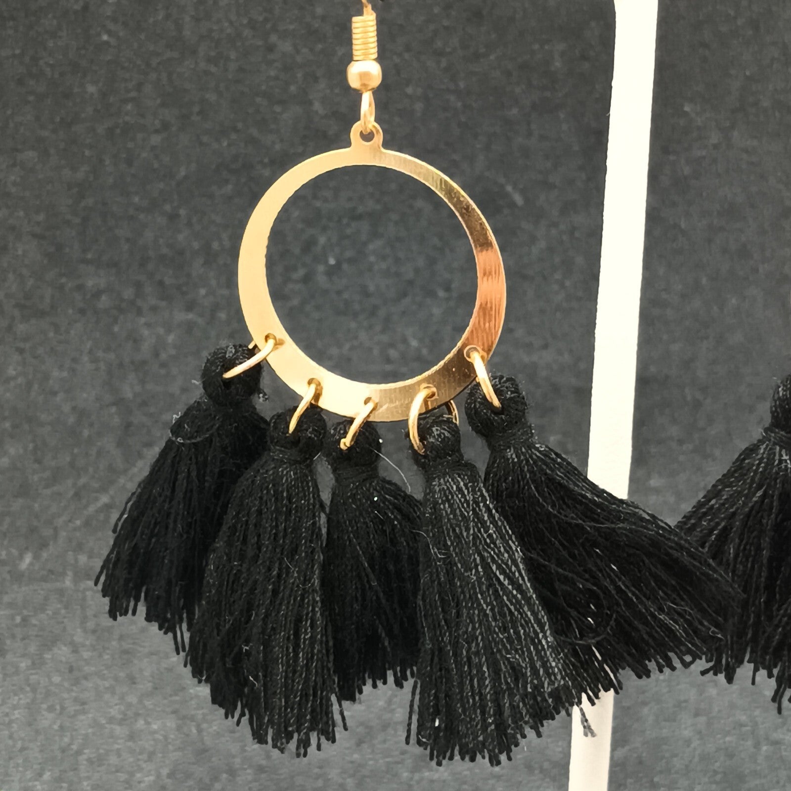 Boho Pierced Earrings Gold tone Circle Black Tassel Statement Dangle 2 1/4"