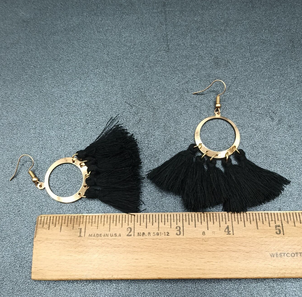 Boho Pierced Earrings Gold tone Circle Black Tassel Statement Dangle 2 1/4"