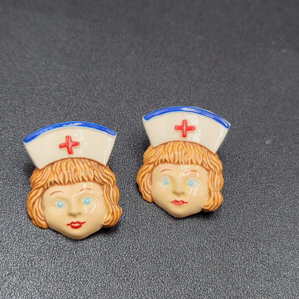 Vintage Pierced Earrings Acrylic Nurse Face Medical Fun Gift 1 3/8"