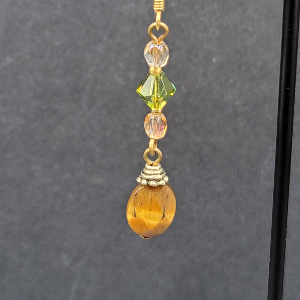 Pierced Earrings Tigers Eye Pink Green Crystal Bead 1.5"