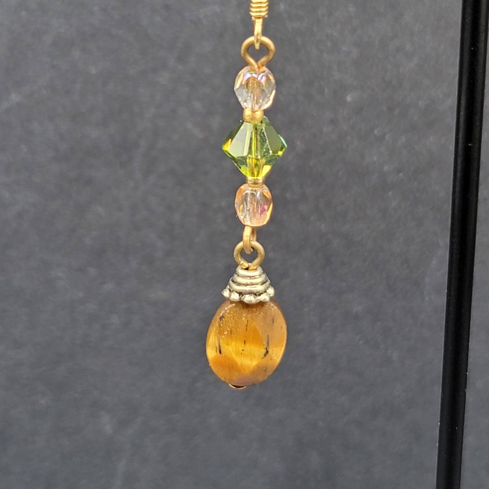 Pierced Earrings Tigers Eye Pink Green Crystal Bead 1.5"