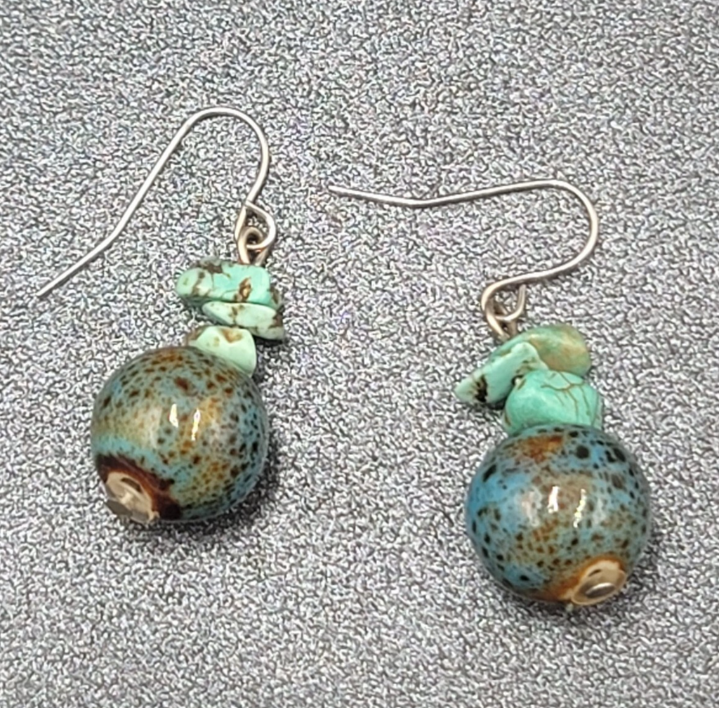 Pierced Earrings Silver tone Turquoise Bead Pottery Bead Dangle  1"