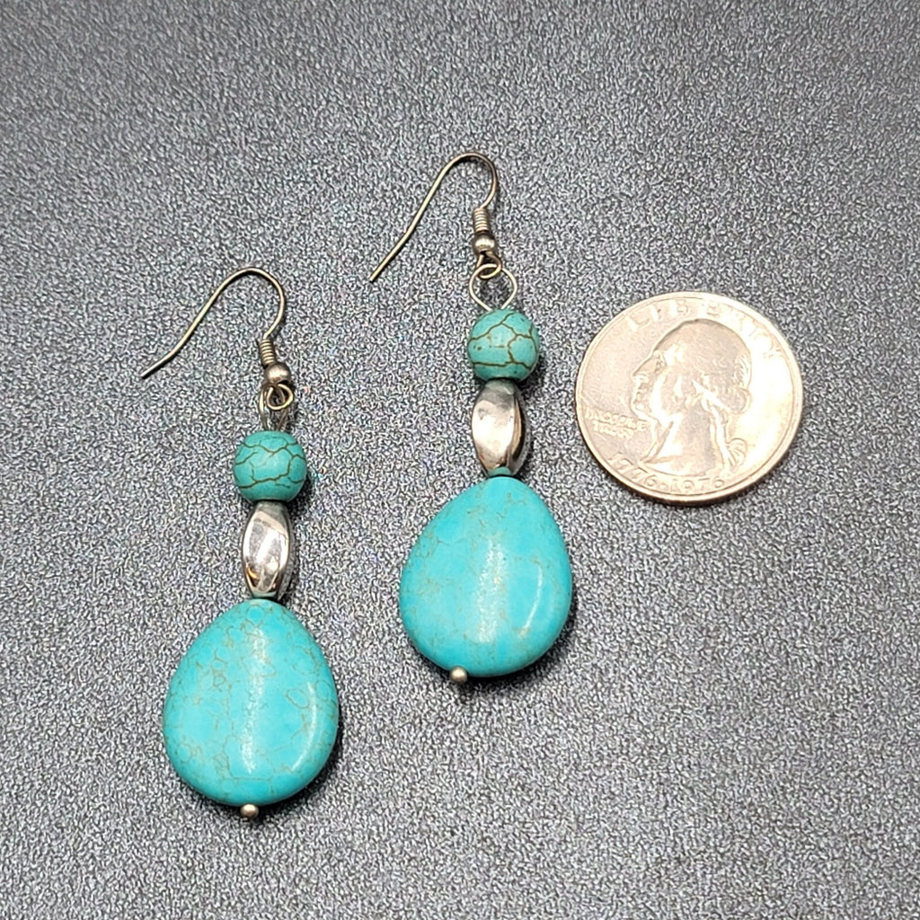 Pierced Earrings Silver tone Dyed Blue Howlite Teardrop Stone Beads 2"