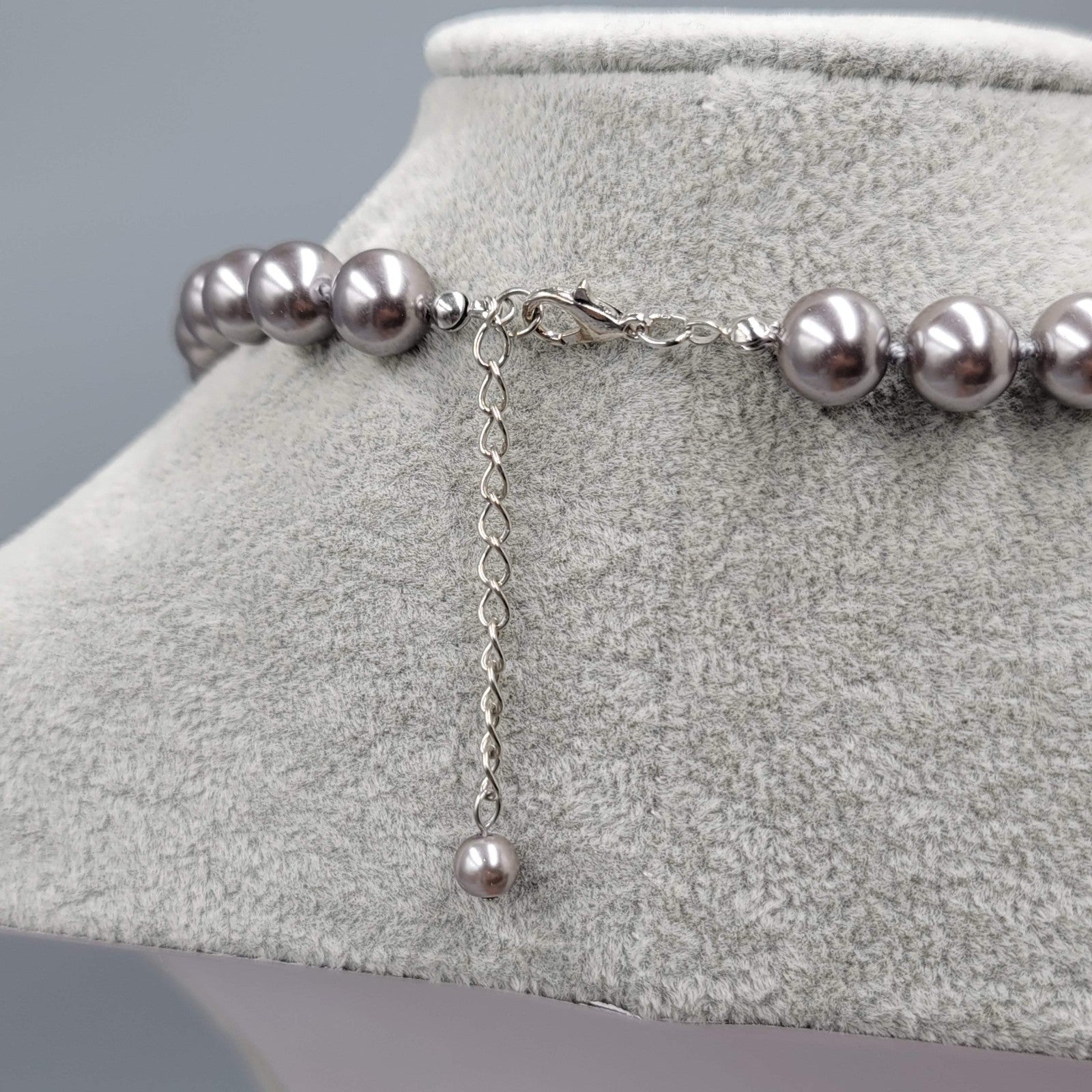 Gray Faux Pearl Necklace Hand Knotted Silver tone Elegant Holiday 16"-18"