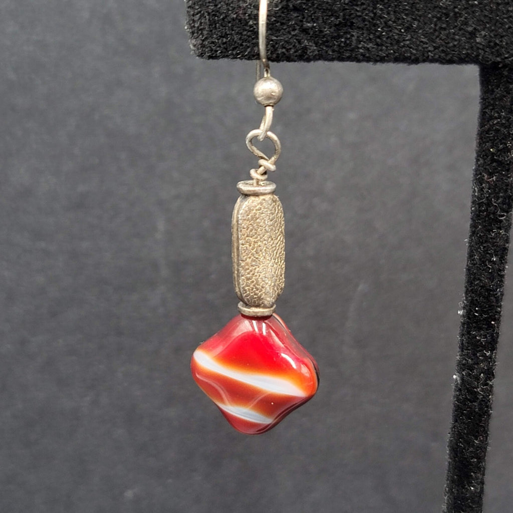 Pierced Earrings Silver tone Red Art Glass Square Bead Dangle 1.25"