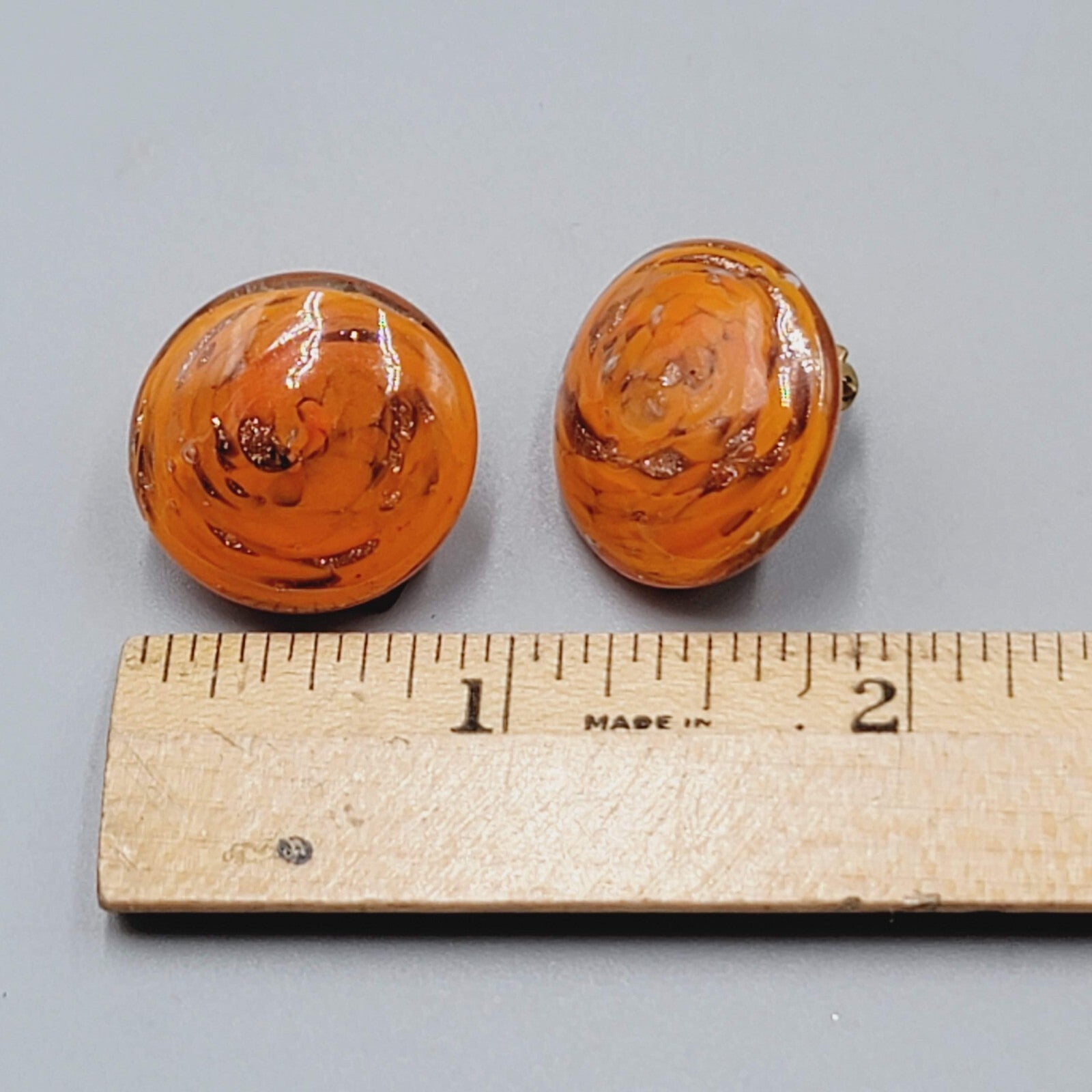Vintage Italian Art Glass Clip on Earrings Orange Gold Flecks Round 7/8"