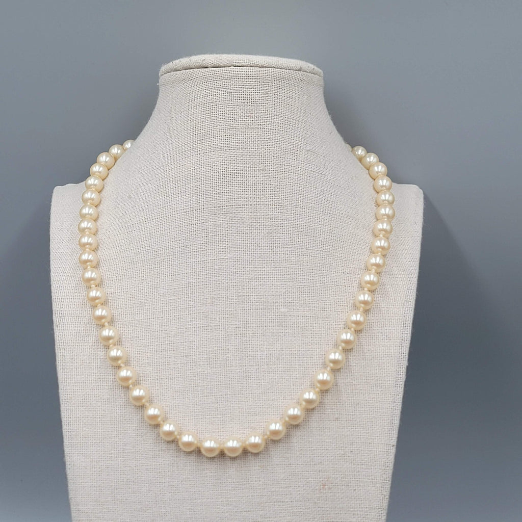 Vtg Glass Bead Necklace Imitation Pearl Hand Knotted Gold tone Filigree Clasp 8"