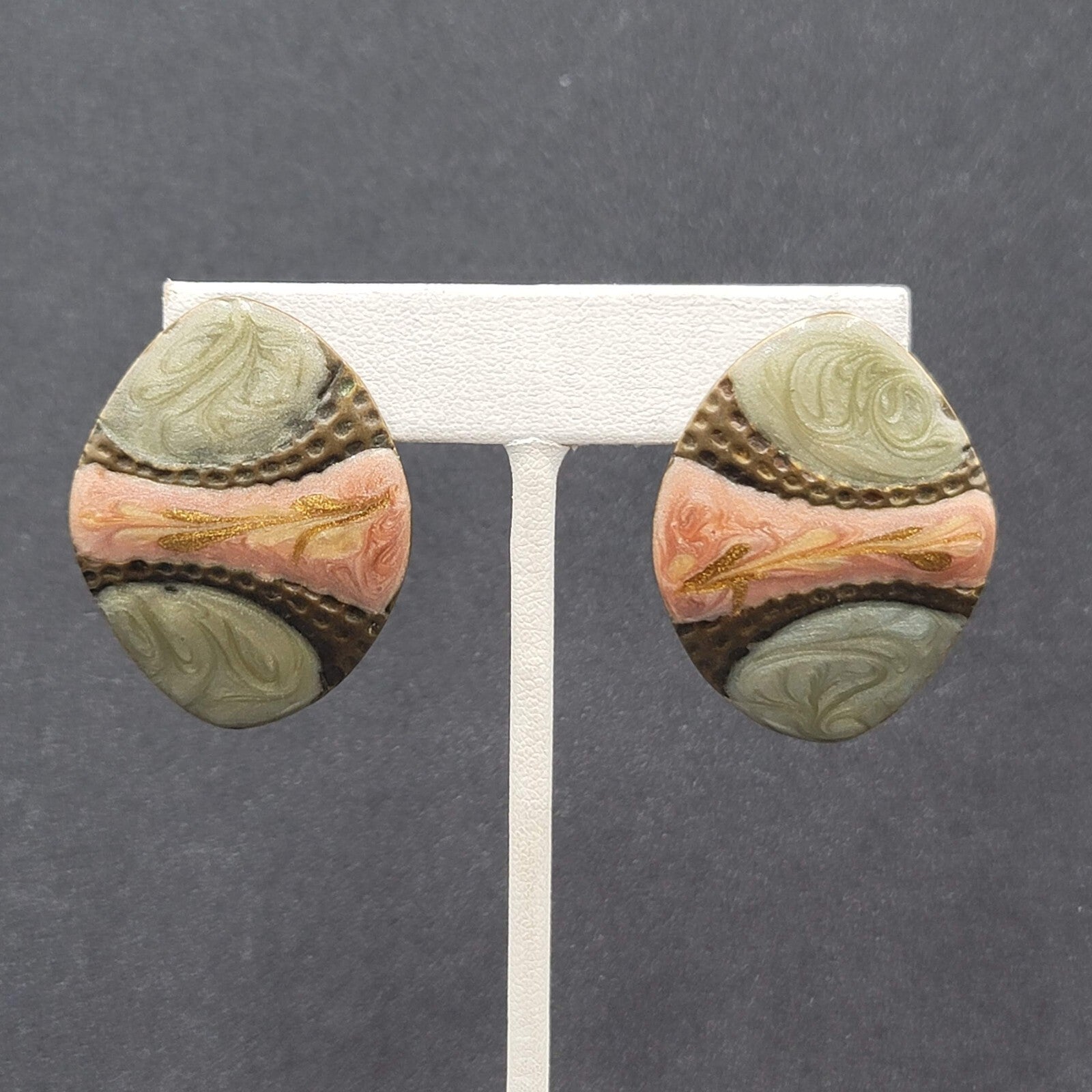 Vintage Pierced Earrings Mauve Pink Sage Green Enamel over Metal Drop 1.5"