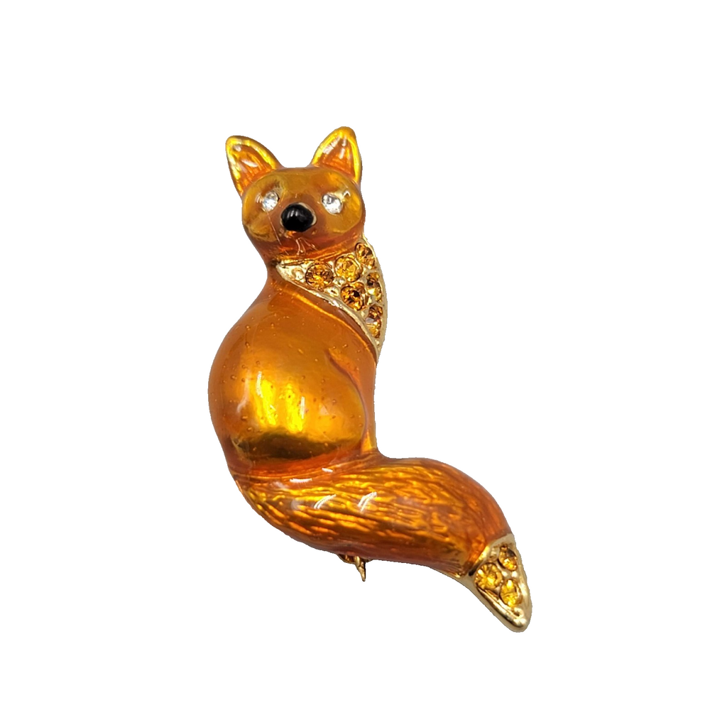 Fox Enamel Brooch Rhinestone Forest Friend Animal Gold tone  1.5"