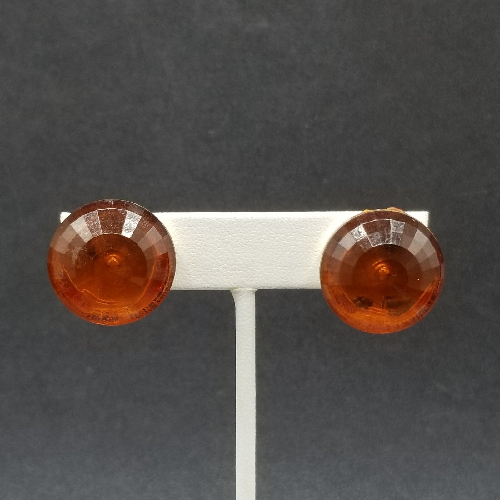 Vintage Clip on S & H Earrings Gold tone Orange Faceted Acrylic Dome Stud 7/8"