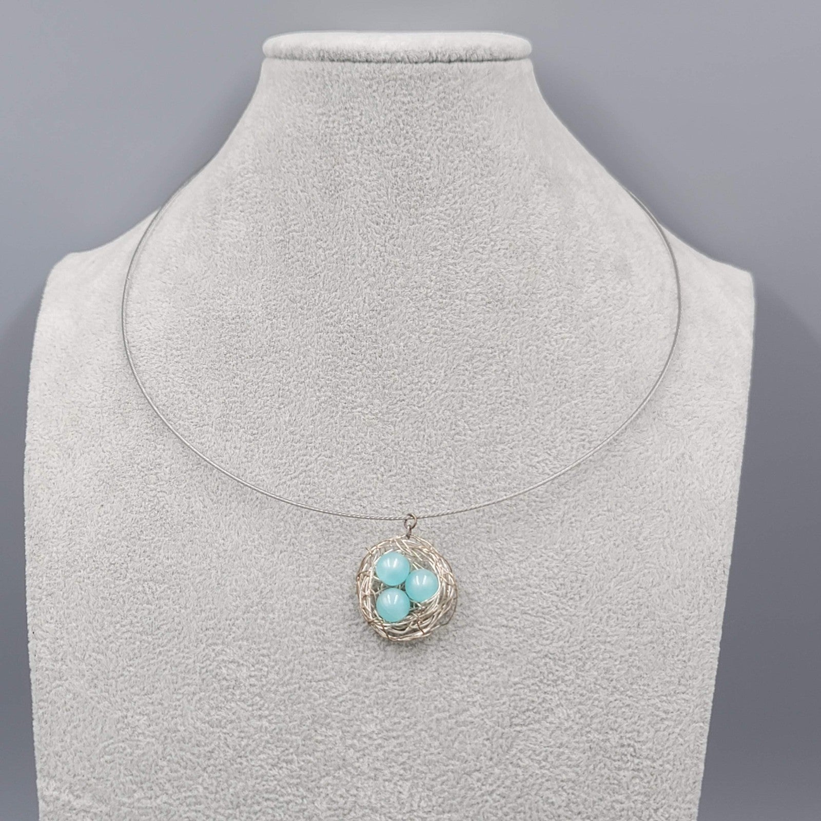 Birds Nest Pendant Necklace Blue Moonglow Beads Silver tone Wire 18"