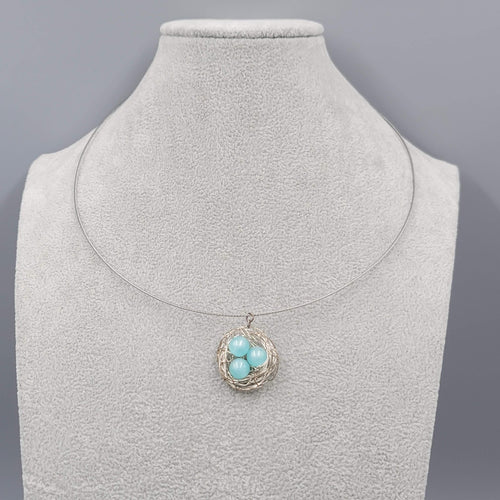 Birds Nest Pendant Necklace Blue Moonglow Beads Silver tone Wire 18"