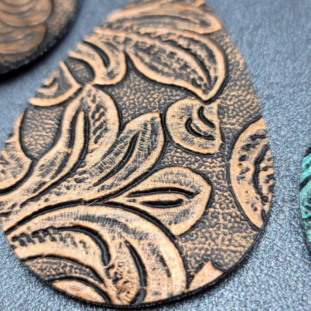 Lot of 3 Pierced Earrings Faux Tooled Leather Gold Green Blue 2.25"