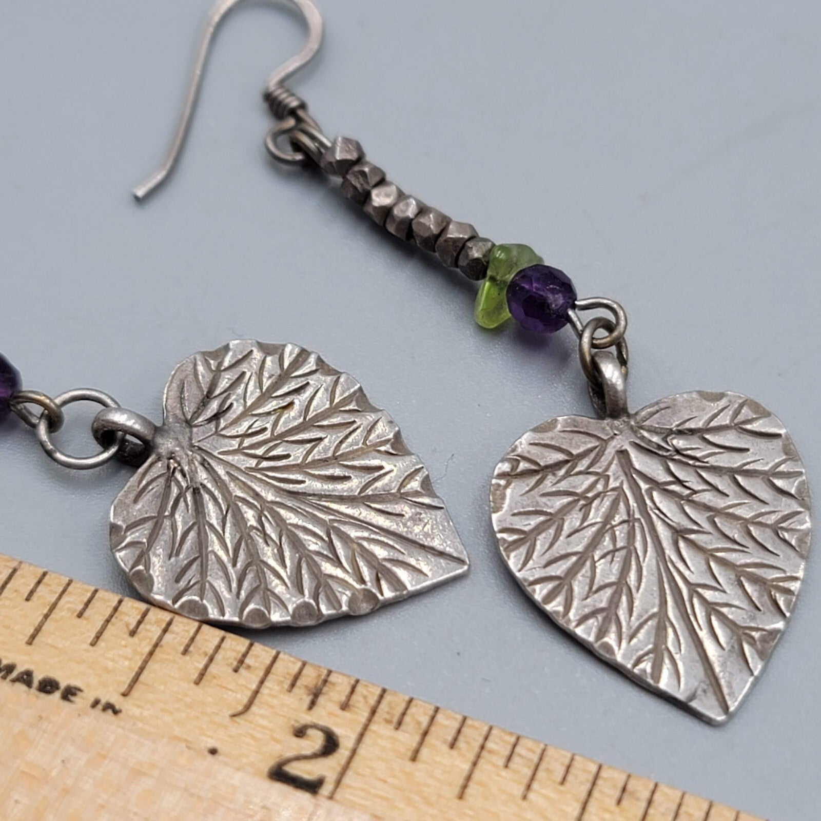 Vintage Pierced Earrings Silver tone Engraved Leaf Bead Dangle 1.75"