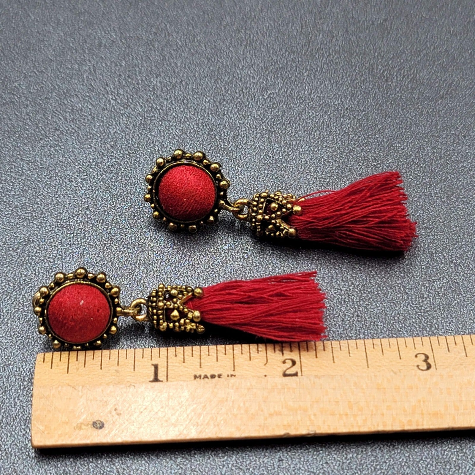 Boho Pierced Earrings Antiqued Gold tone Red String Tassel 2"