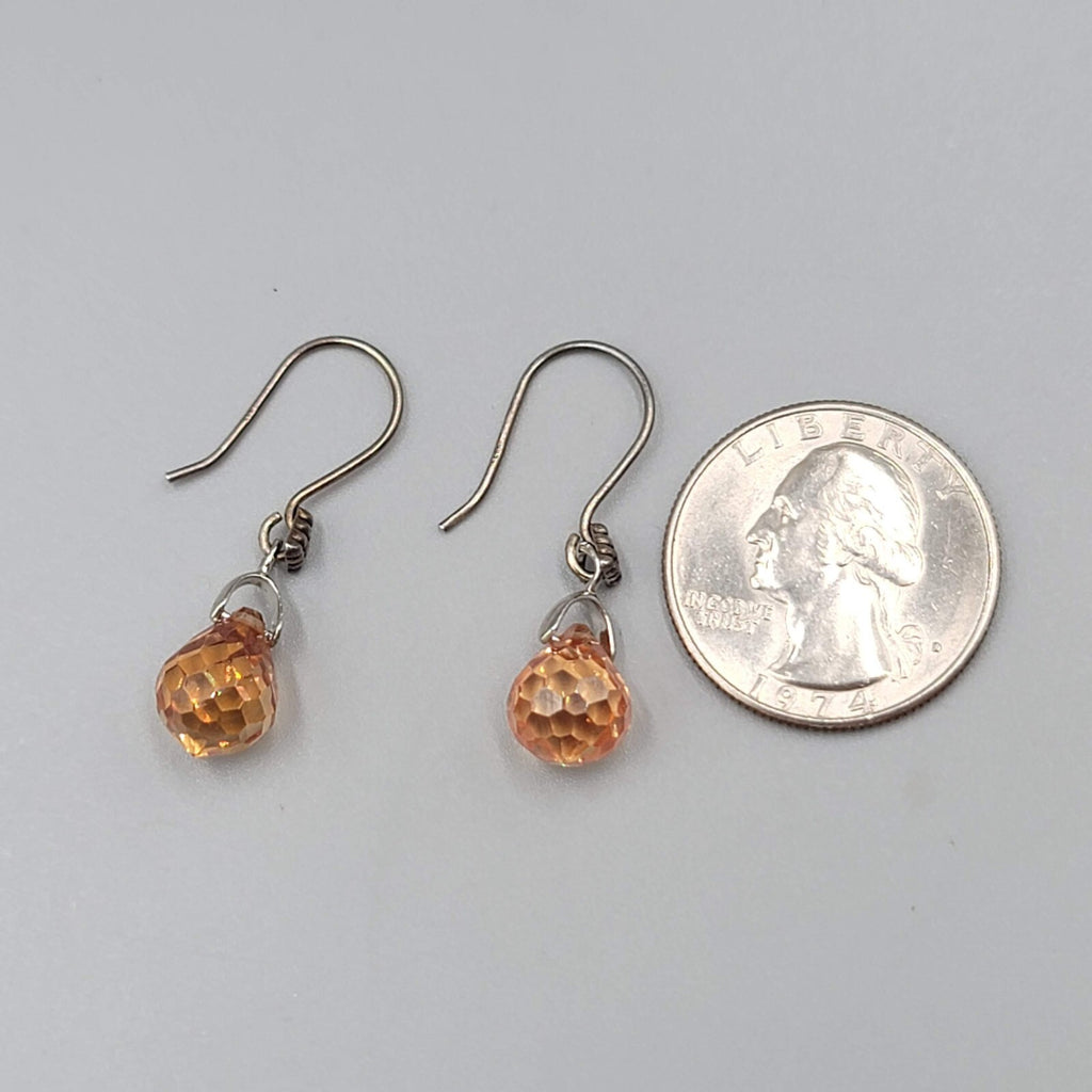 Crystal Teardrop Pierced Earrings Peach Silver tone Hooks 3/4"
