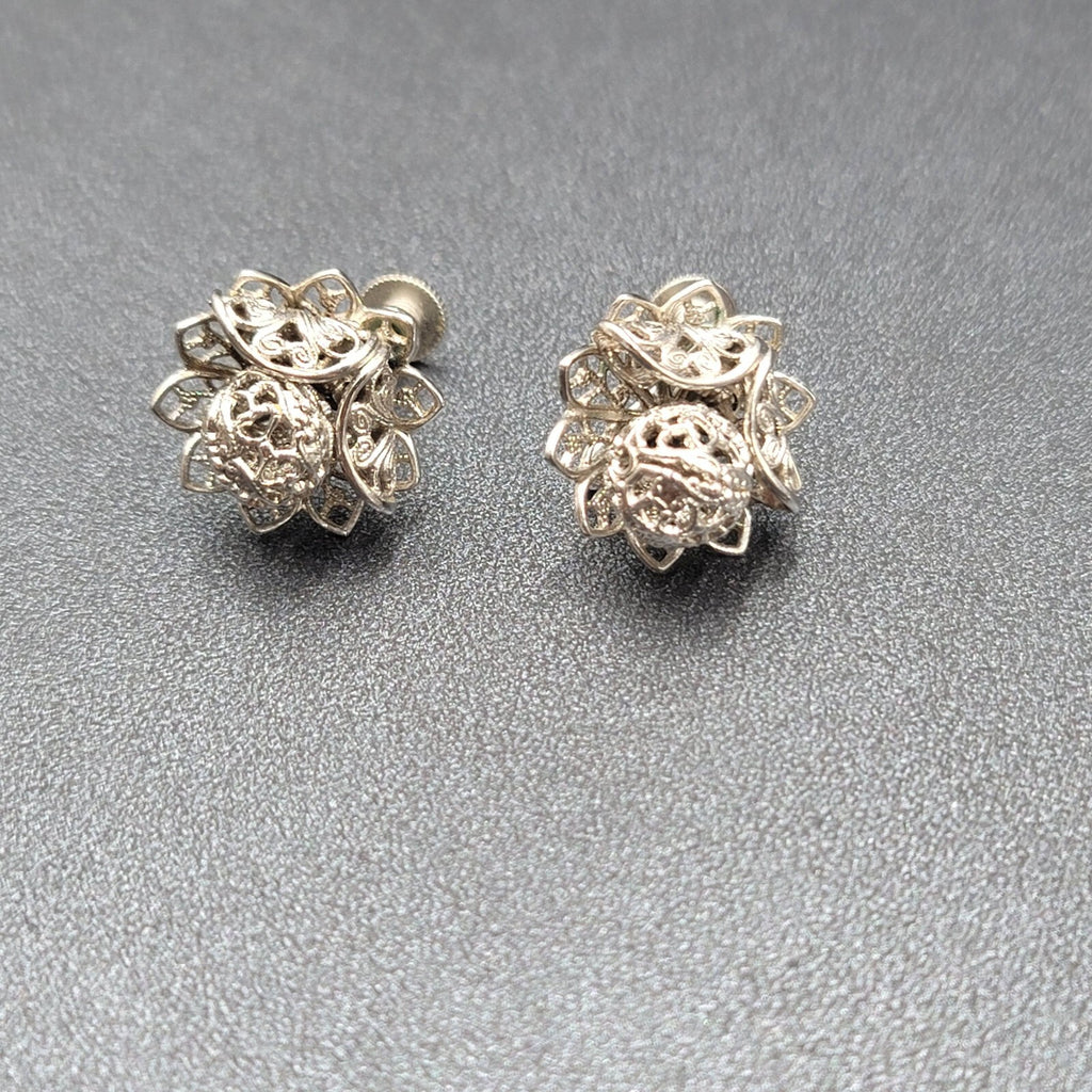 Vintage Clip on Earrings Silver tone Filigree Flower Studs 3/4"