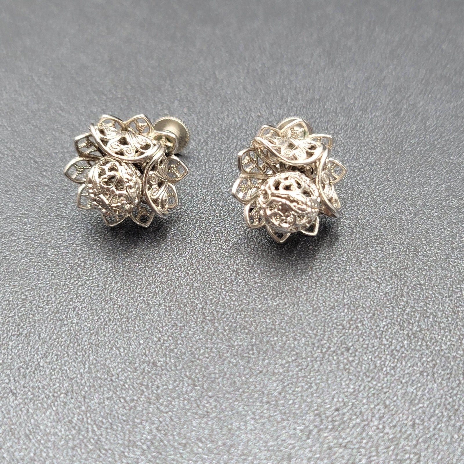 Vintage Clip on Earrings Silver tone Filigree Flower Studs 3/4"
