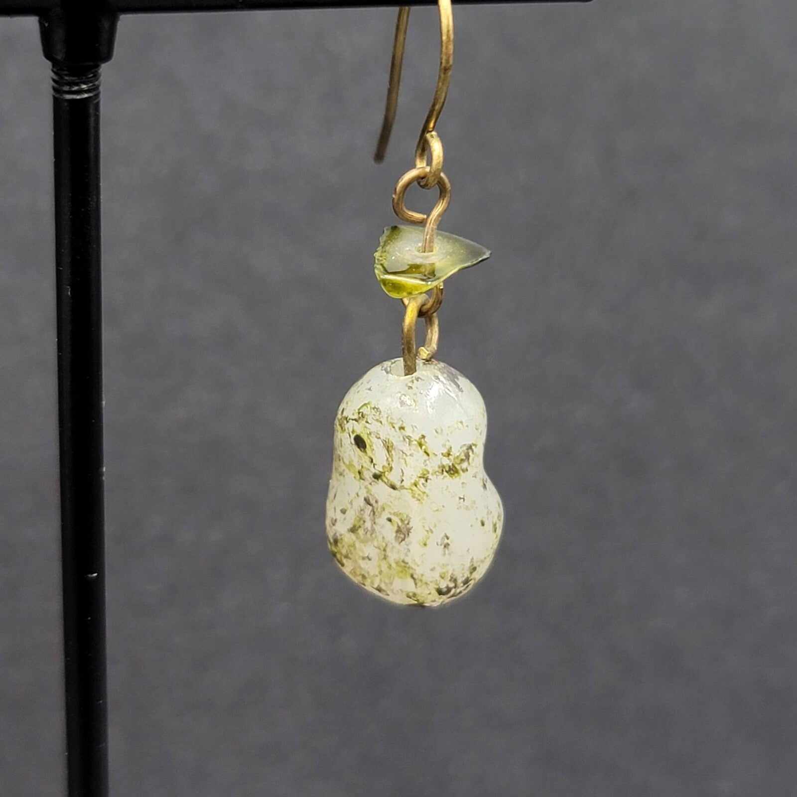 Pierced Earrings 1" Green Stone Chip and Acrylic Bead Lightweight Dangle 1"
