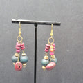 Vintage Pierced Earrings Purple Blue Wood Beads Dangle Boho 1.75"