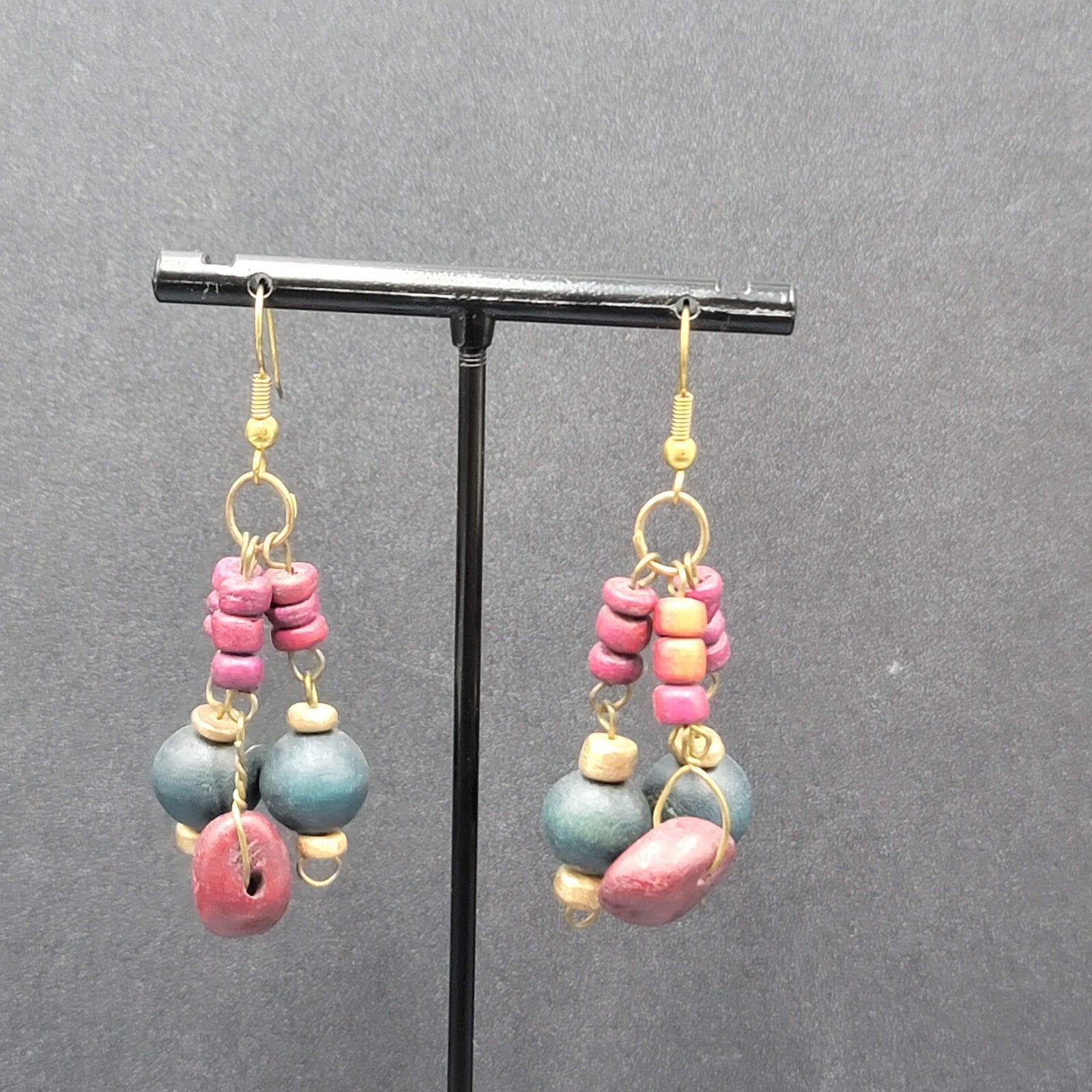 Vintage Pierced Earrings Purple Blue Wood Beads Dangle Boho 1.75"
