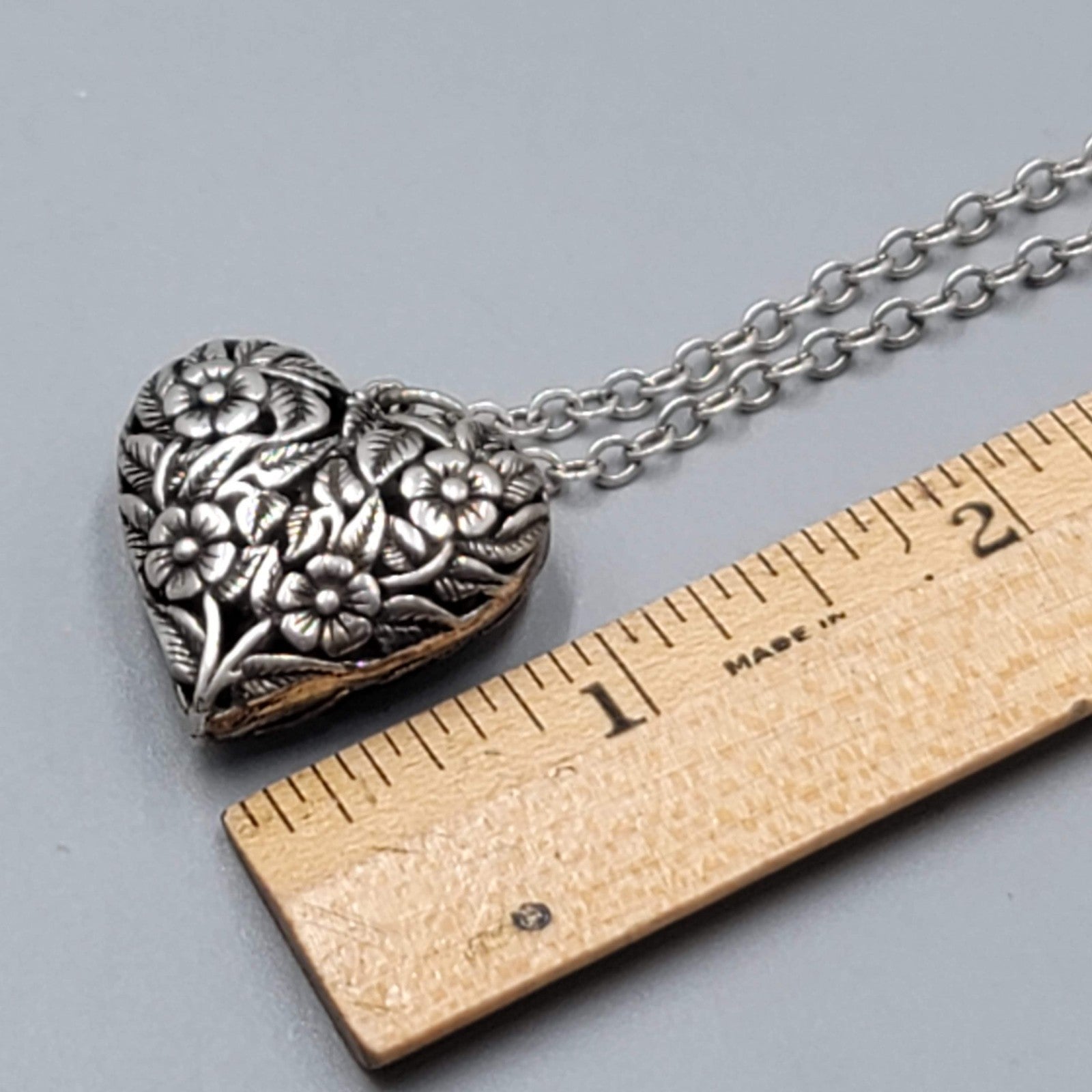 Sterling Silver Necklace Flower Embossed Puffy Heart Pendant Long Chain 30 in