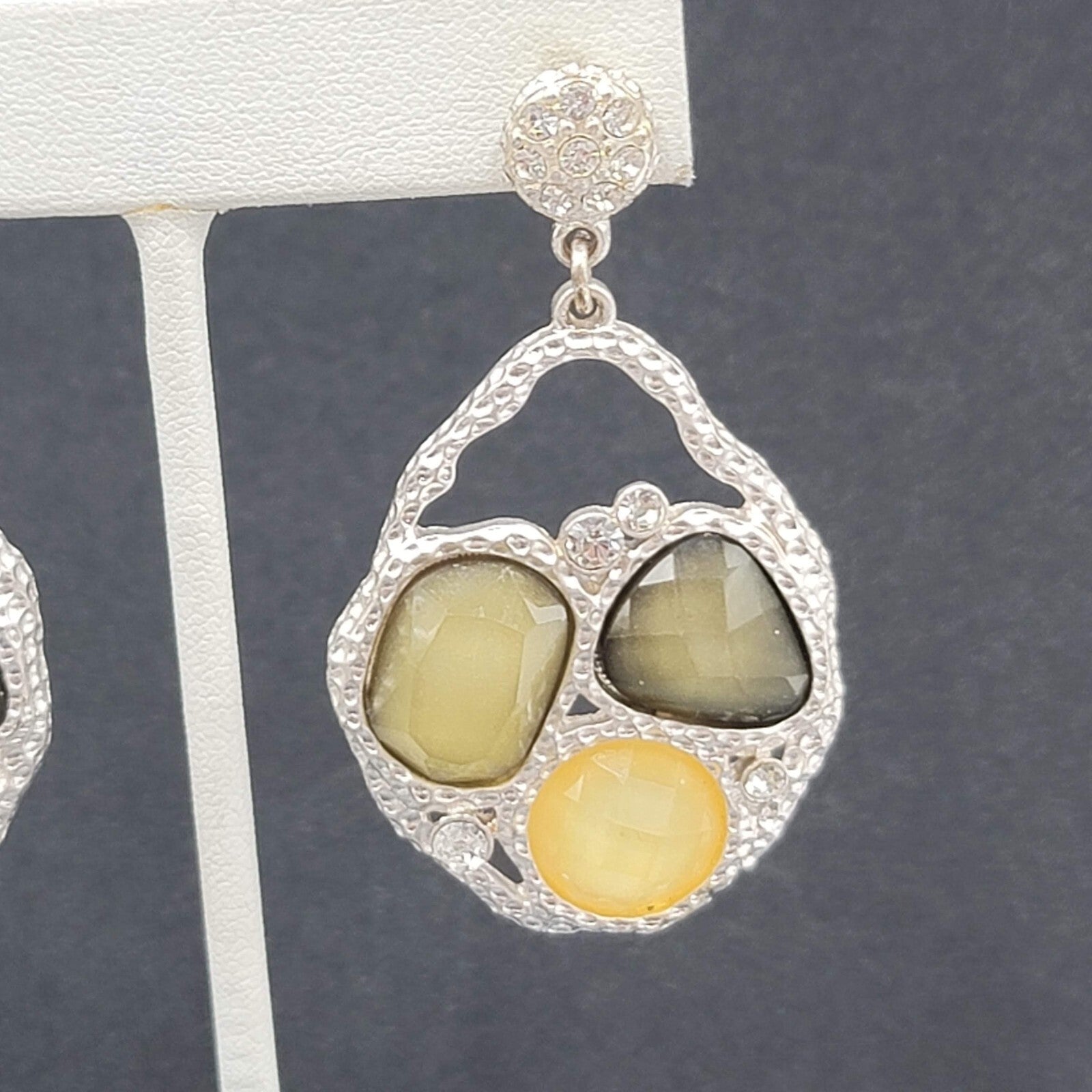 Pierced Earrings Silver tone Green Acrylic Rhinestone Statement Dangle 2.25"