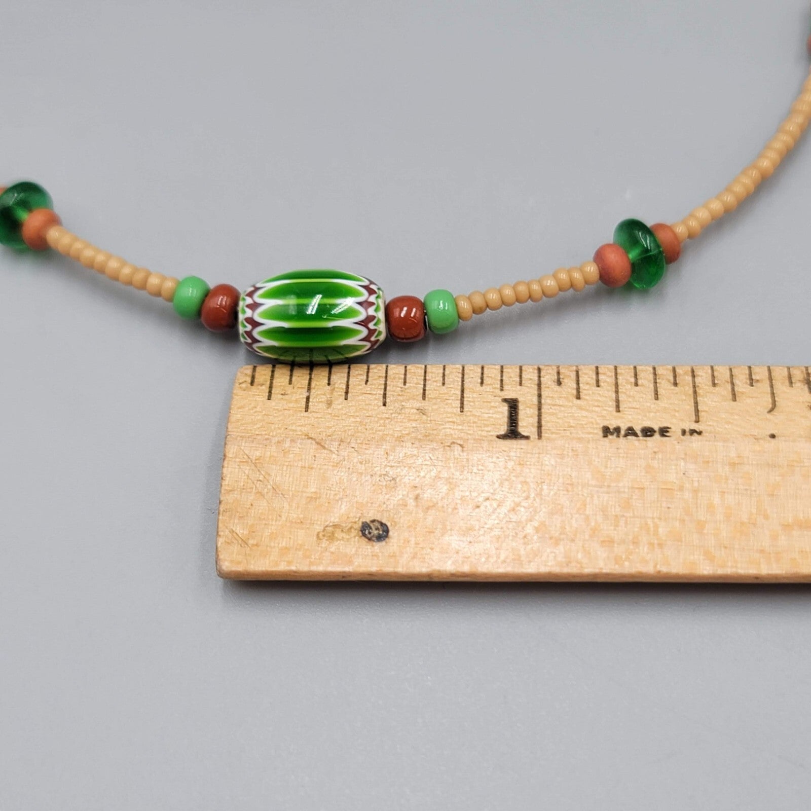 Art Glass Bead Necklace Tan Seed Bead Minimalist 16"