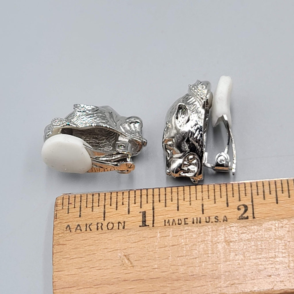 Vintage Cougar Big Cat Statement Clip on Earrings Silver Plated 7/8 in