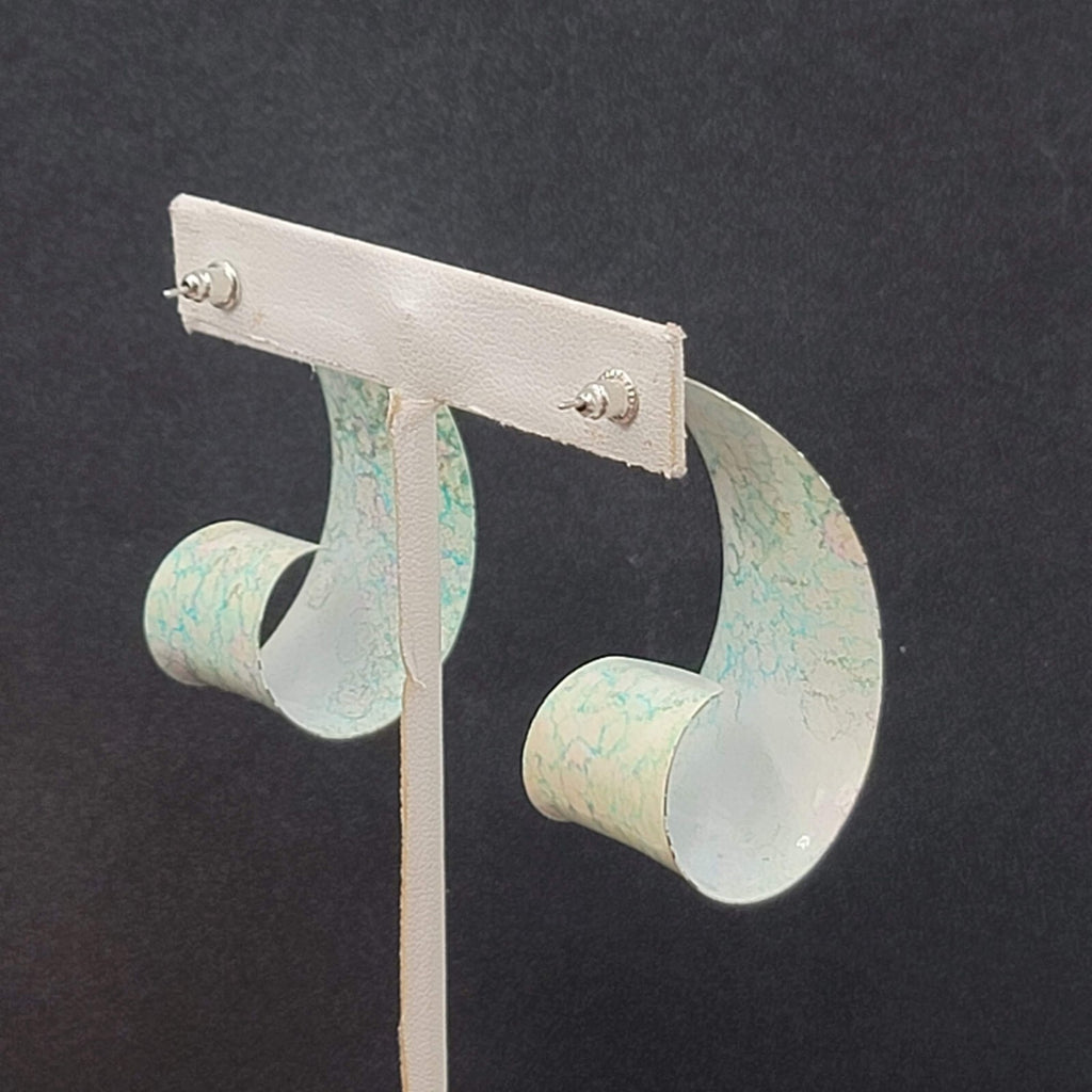 Vintage Pierced Earrings Large Green White Enamel Statement Hoops 2"