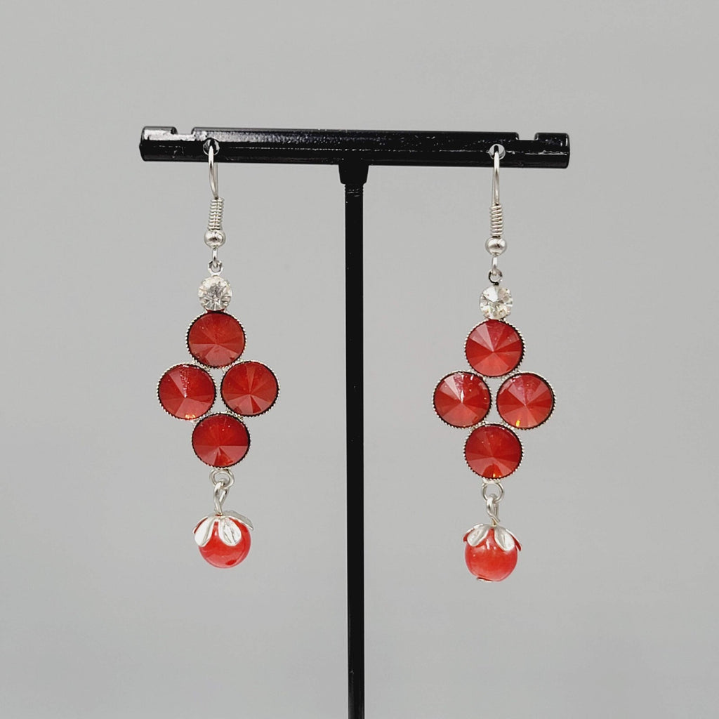 Red Rivoli Rhinestone Pierced Earrings Silver tone Dangle 1.75"