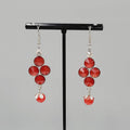 Red Rivoli Rhinestone Pierced Earrings Silver tone Dangle 1.75"