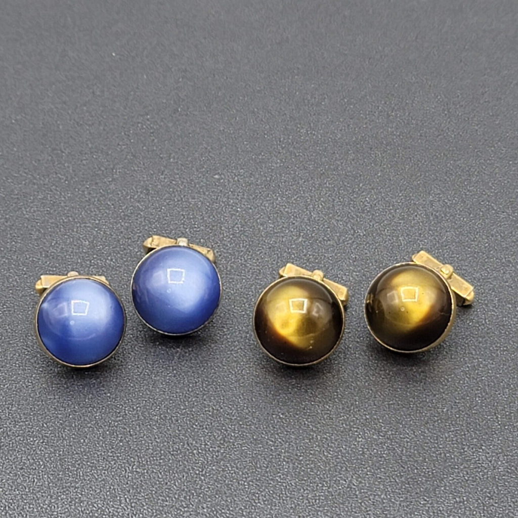 Vintage Cufflinks Lot of 2 Gold tone Blue Green Chatoyant Costume Men's Jewelry