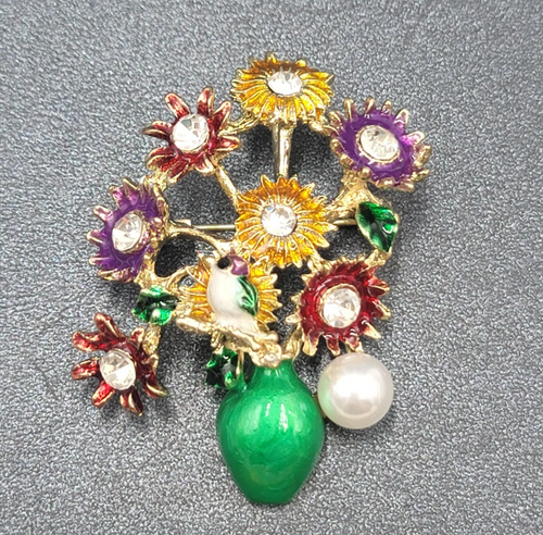 Crystal Rhinestone Flower Bouquet Brooch Pendant Green Enamel Multicolor 2.25"