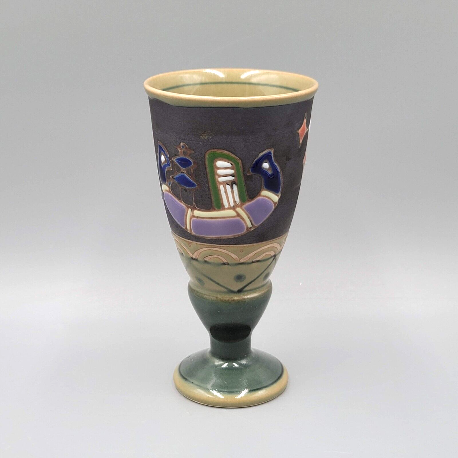 Vintage Ceramic Glazed Stoneware Pedestal Goblet Multicolor 4.75"