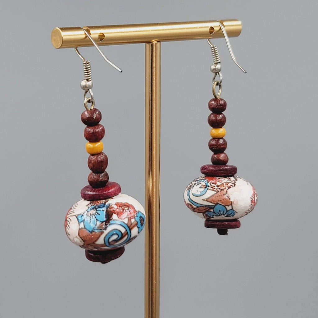 Beaded Pierced Earrings Wood Flower Bead Dangle 1 5/8"