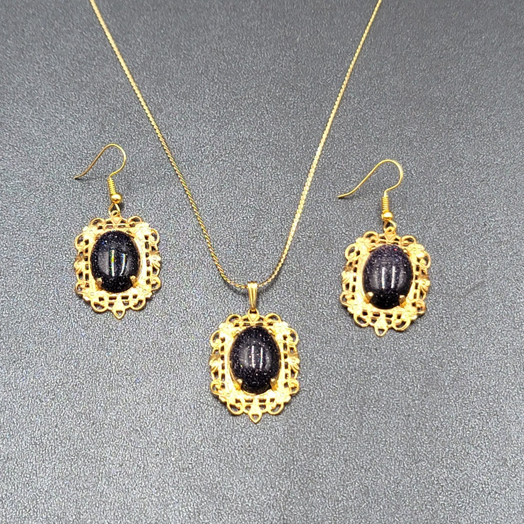 Necklace Earrings Set Gold tone Purple Sandstone Oval 16.5" Chain Earrings 1.25"