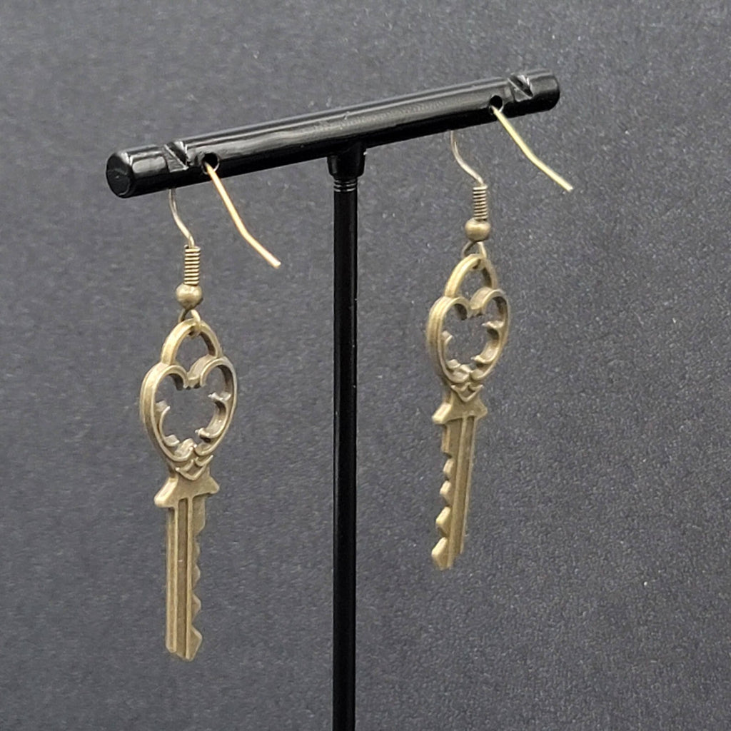 New Pierced Earrings Ornate Key Bronze tone Dangle 1.5"