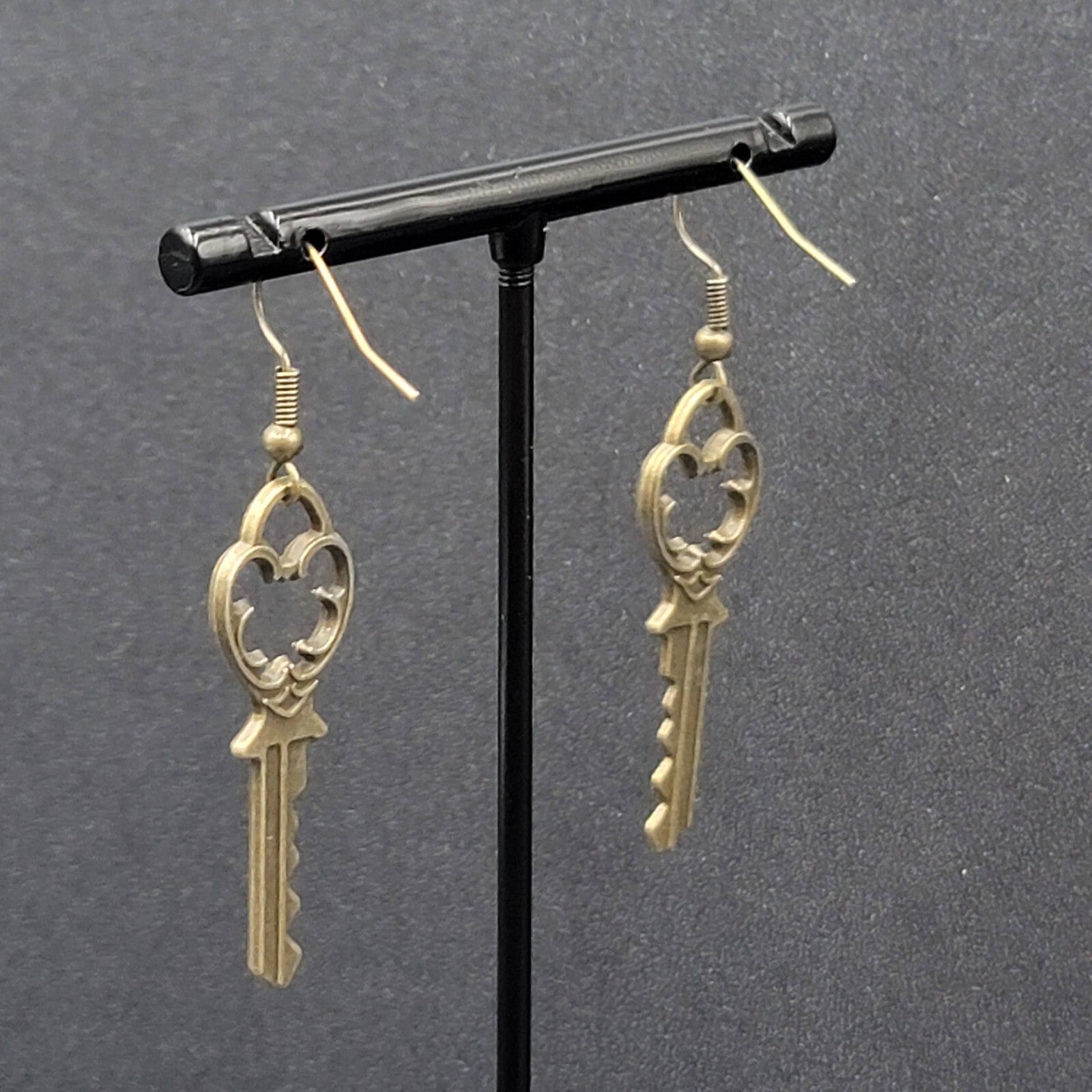 New Pierced Earrings Ornate Key Bronze tone Dangle 1.5"