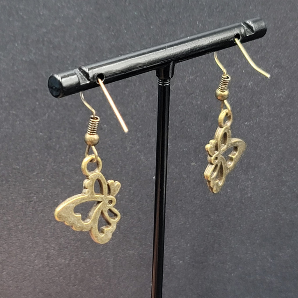 New Butterfly Pierced Earrings Bronze tone Side View Dangle 3/4"