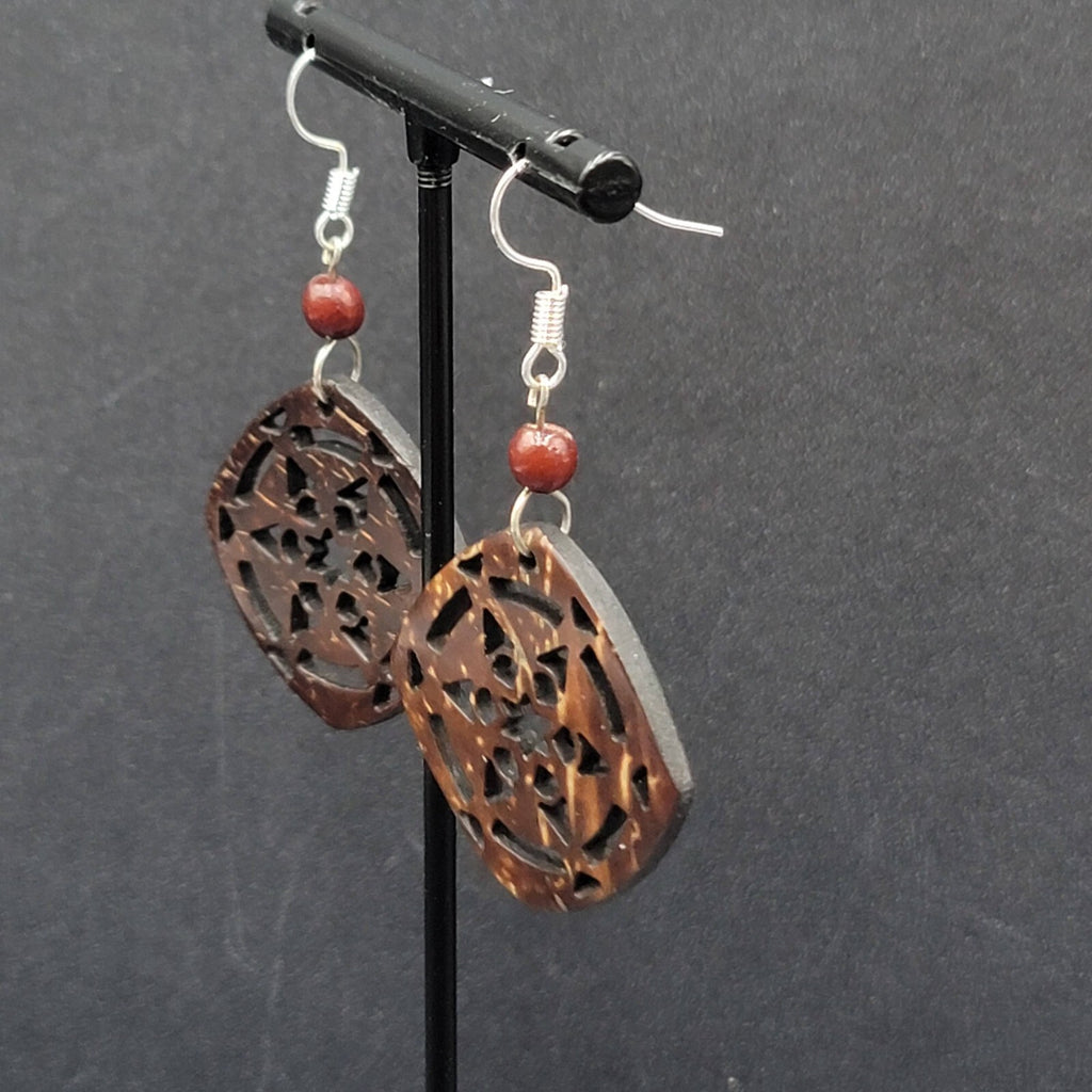 Pierced Earrings Silver tone Cut Coconut Bead Dangle 1.5"
