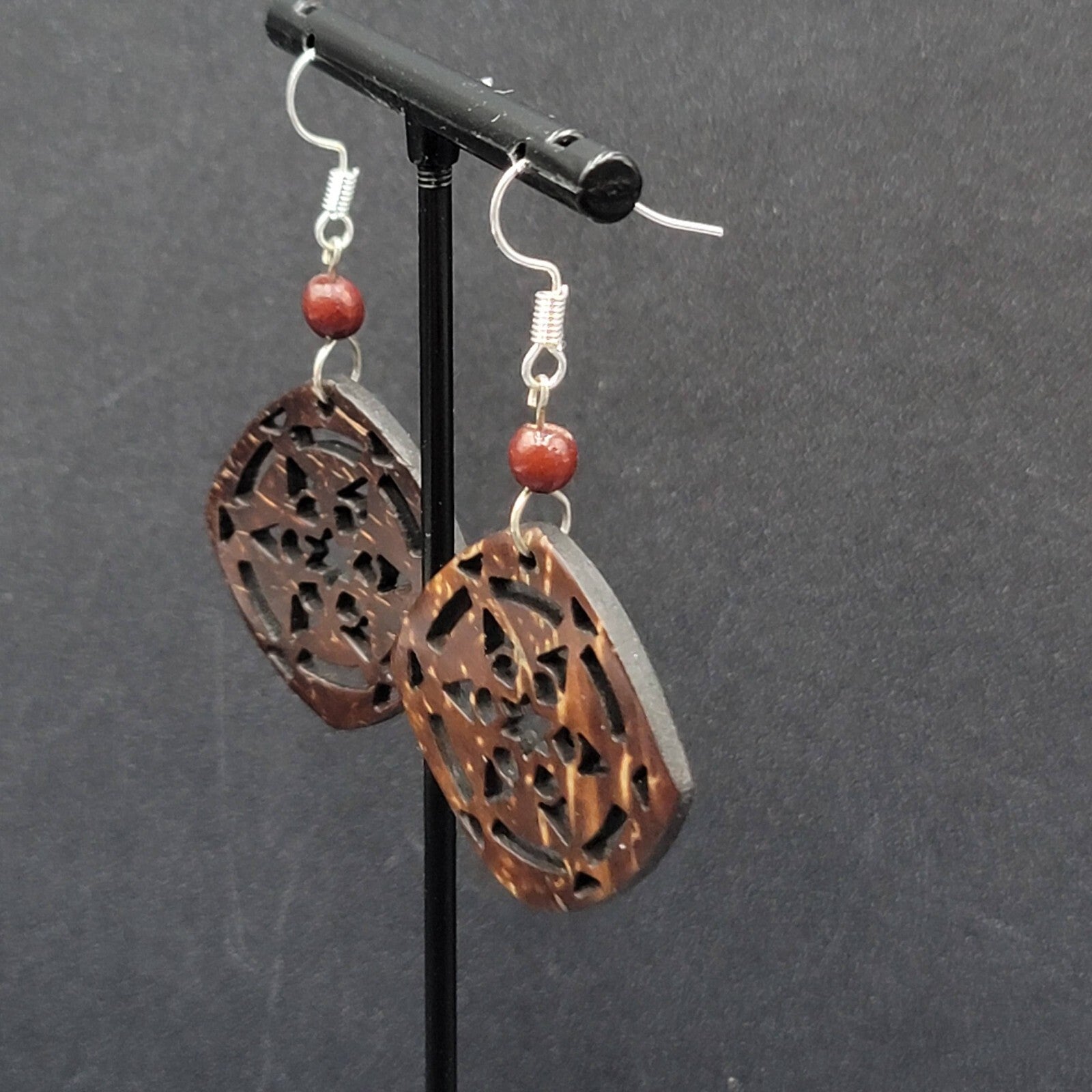 Pierced Earrings Silver tone Cut Coconut Bead Dangle 1.5"