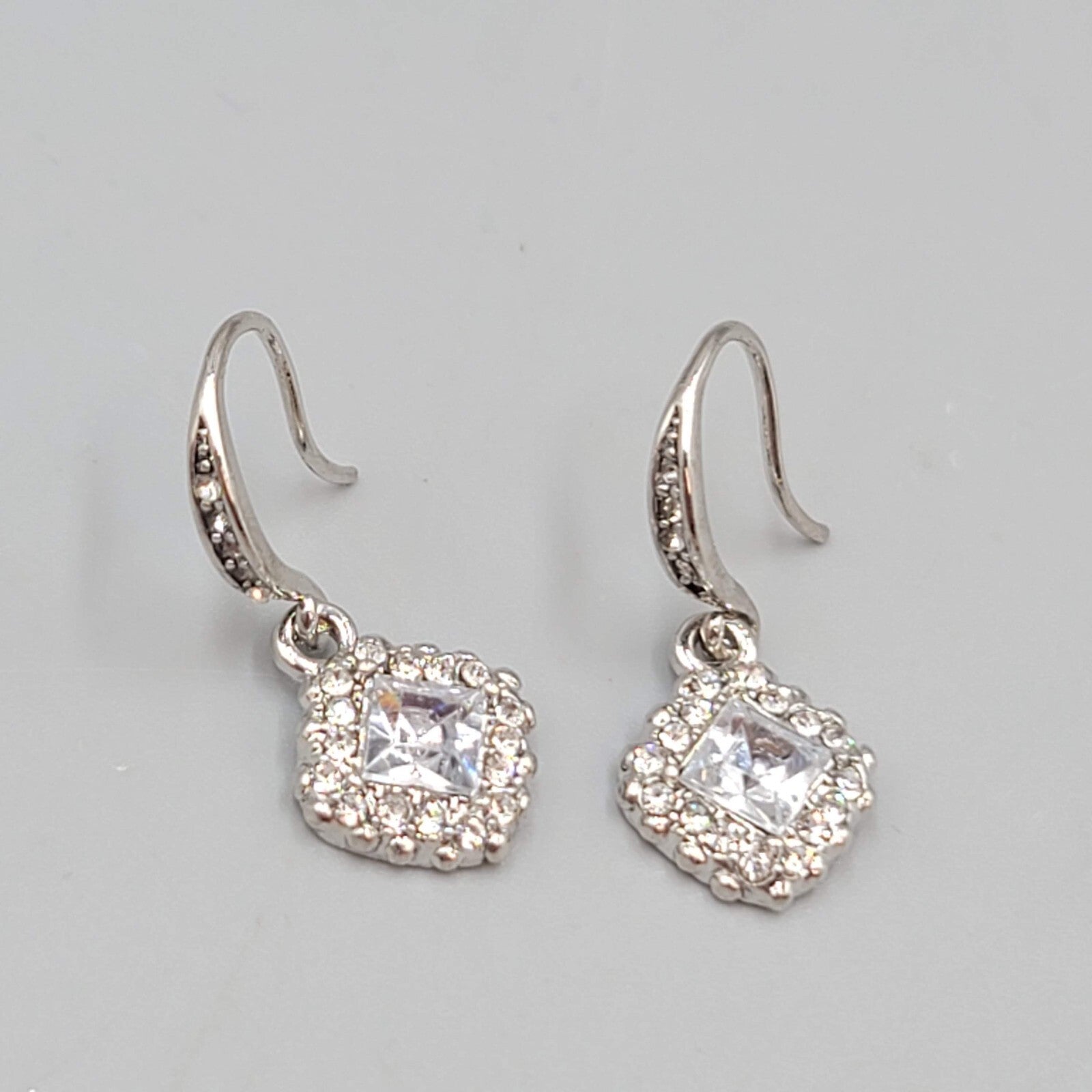 Pierced Earrings Silver tone Crystal Rhinestone Dangle  1/2"