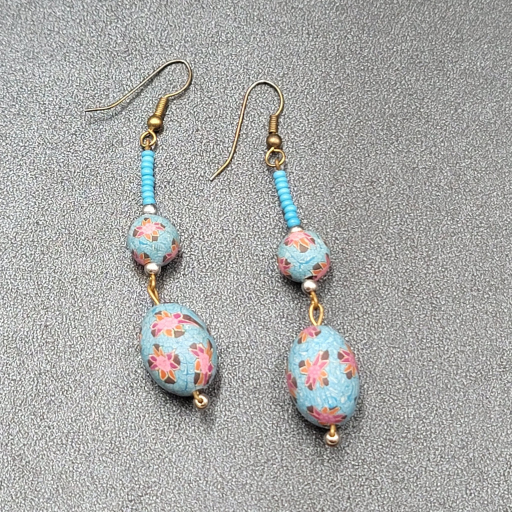 Vintage Pierced Earrings Gold tone Blue Flower Bead Long Dangle 2.25"