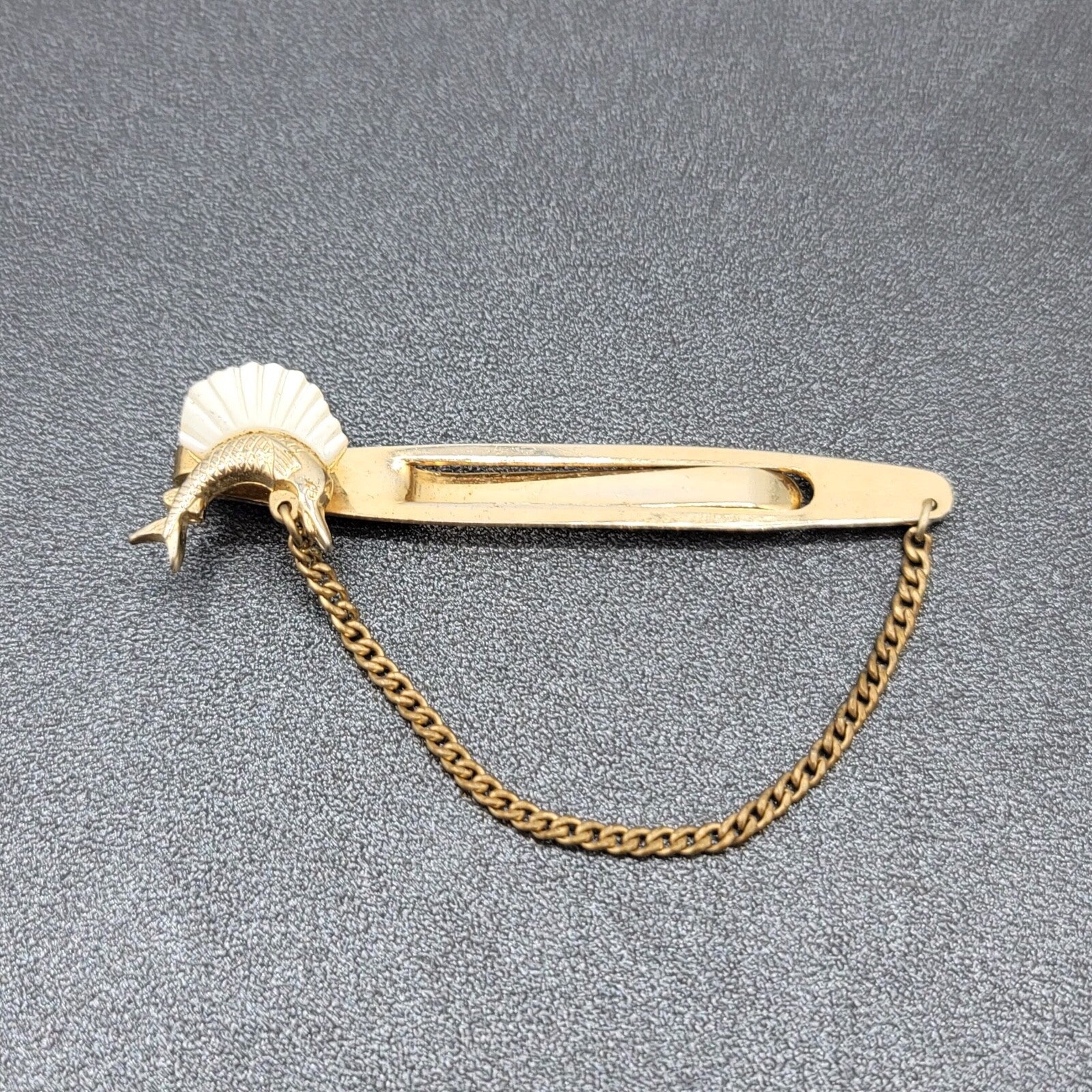 Vintage Chain Tie Bar Clip Carved Mother of Pearl Swordfish Fish Fishing