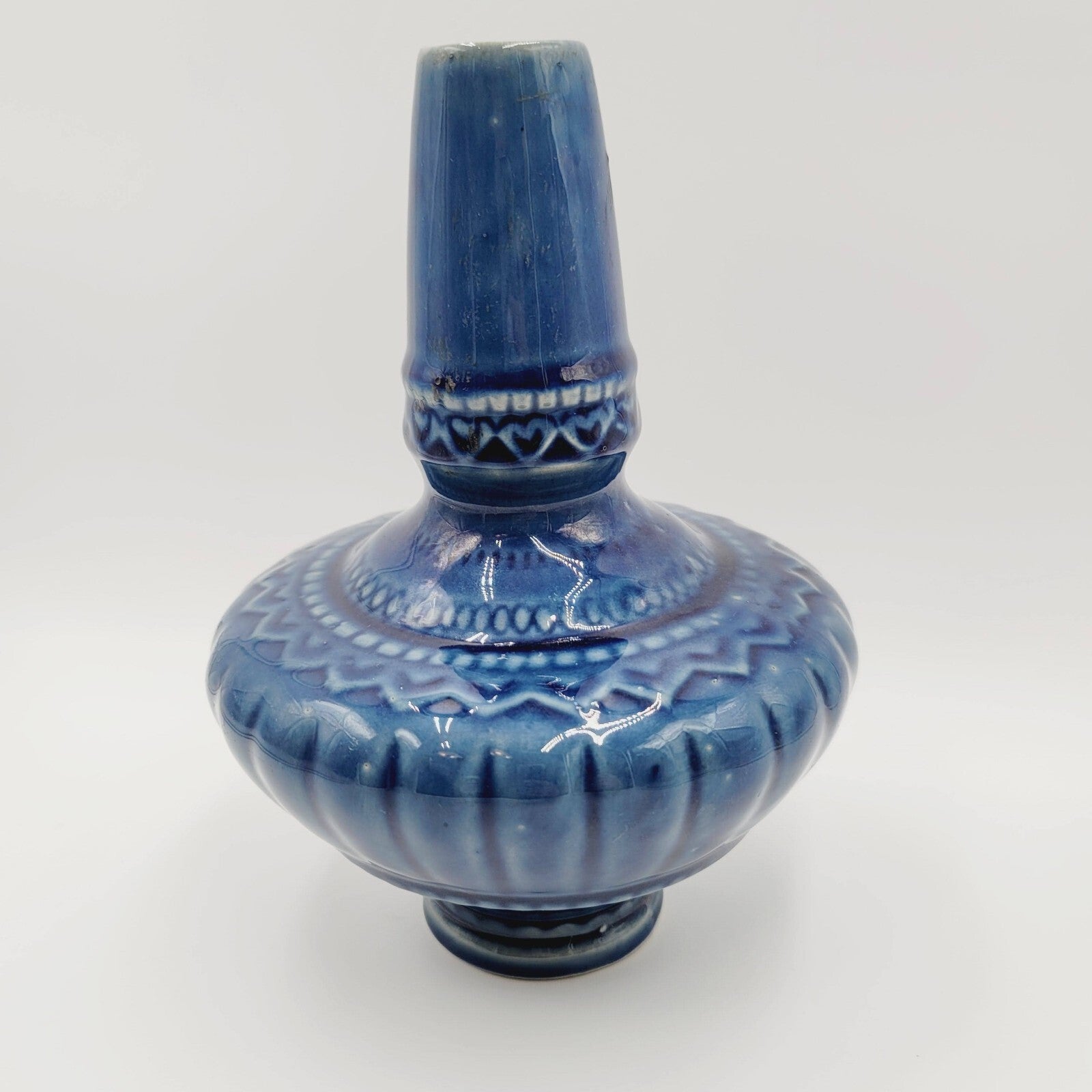Art Pottery Vase Blue Glazed Geanie Bottle Decorative 8"