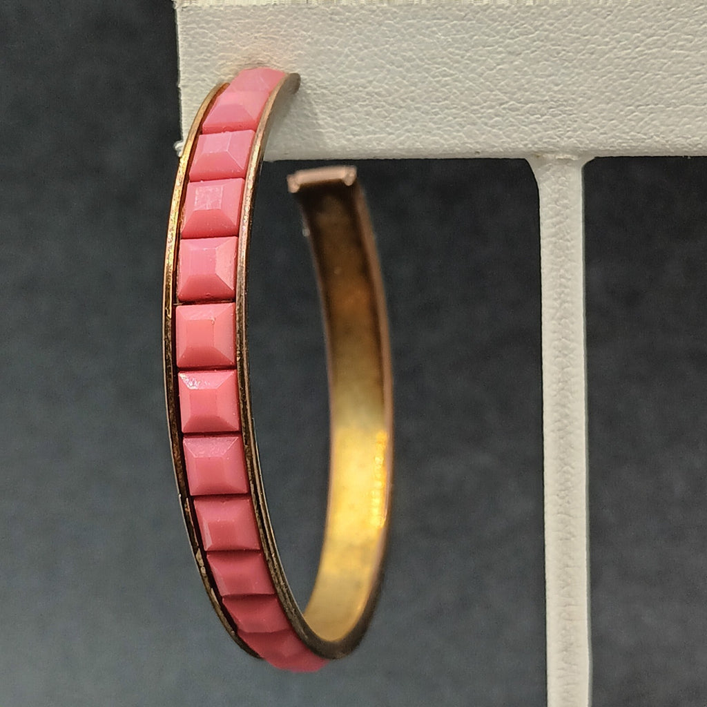 Pierced Earrings Bronze tone Pink Faceted Acrylic Statement Hoop 2 1/8"
