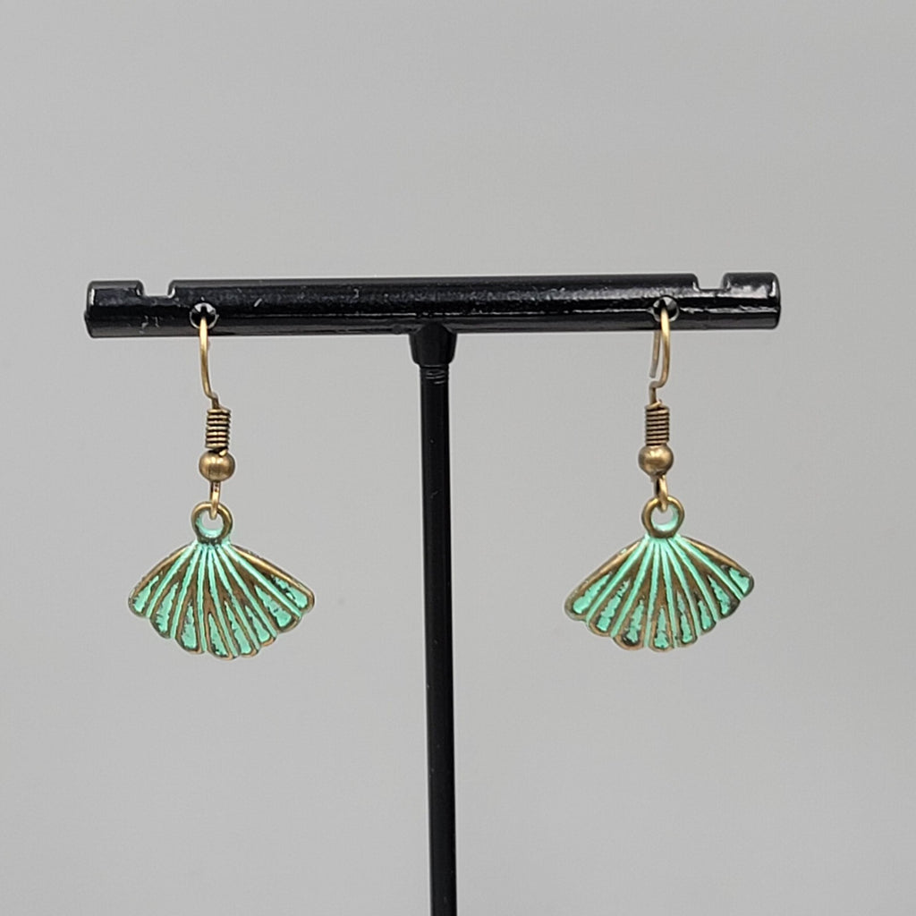 Shell Beach Sealife Pierced Earrings Bronze tone Green wash Dangle Embossed 5/8"