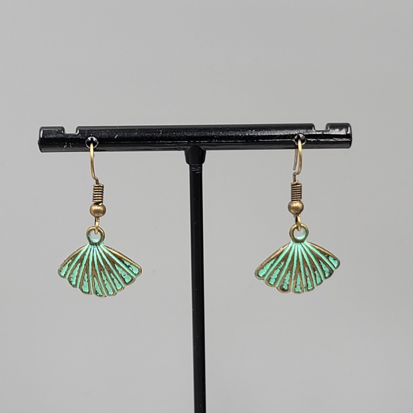 Shell Beach Sealife Pierced Earrings Bronze tone Green wash Dangle Embossed 5/8"