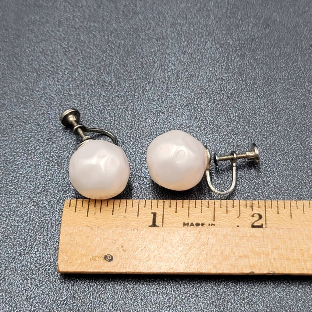 Vintage Clip on Earrings Silver tone Large White Molded Studs Screw Back 5/8"